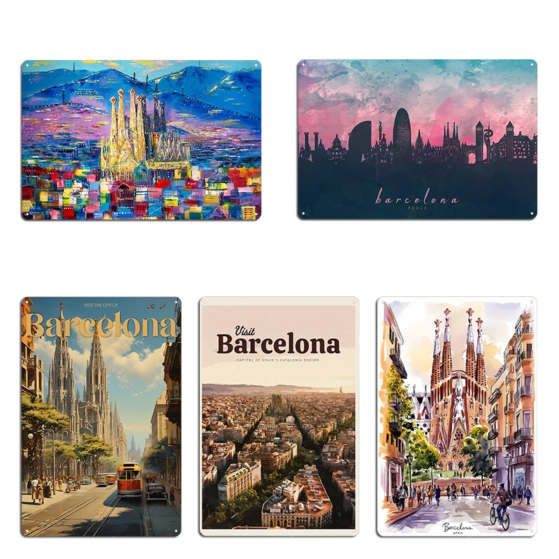 Ilustración de Barcelona, ciudad de España, carteles de Metal, cine, garaje, cueva, pub, placas personalizadas, carteles de estaño de ciudad de Barcelona
