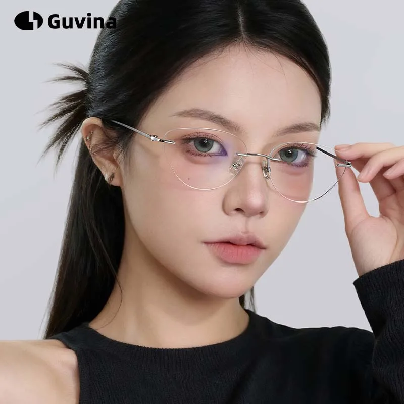 Fashion New Butterfly-Shaped Rimless Titanium Reading Myopia Progressive Multifocal Photochromic Sunglasses Jewel Temples Women
