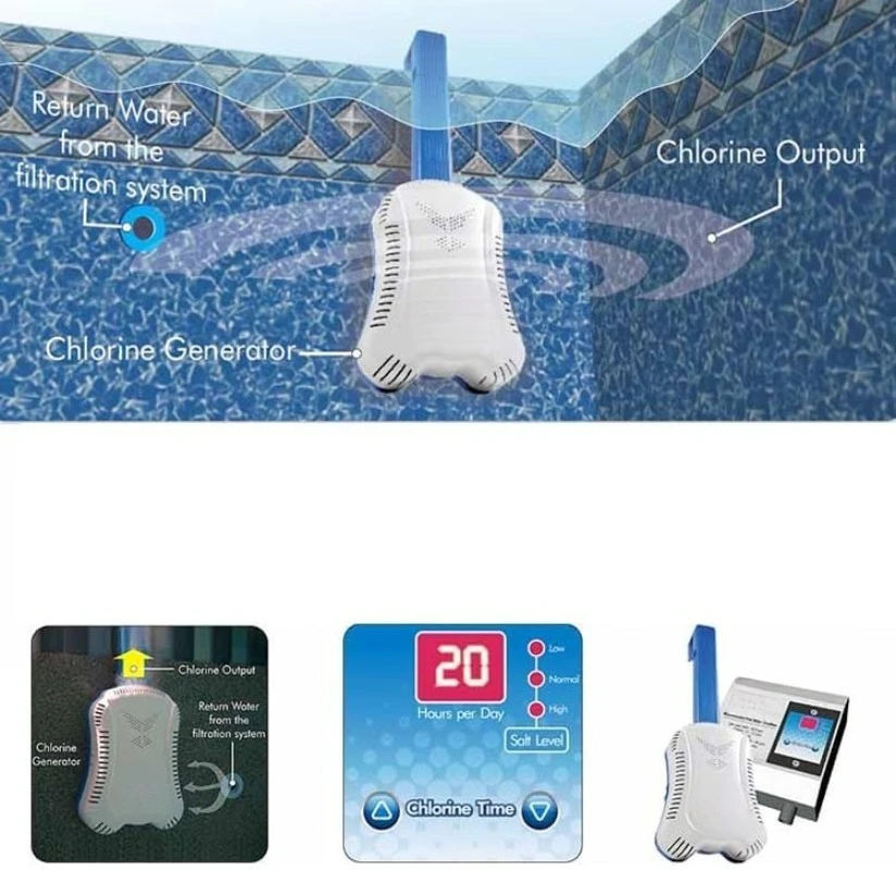 مولد كلور الملح لحمامات السباحة فوق الأرض - ما يصل إلى 20000 جالونًا كحد أقصى - تنظيف ذاتي، مدمج في مؤقت