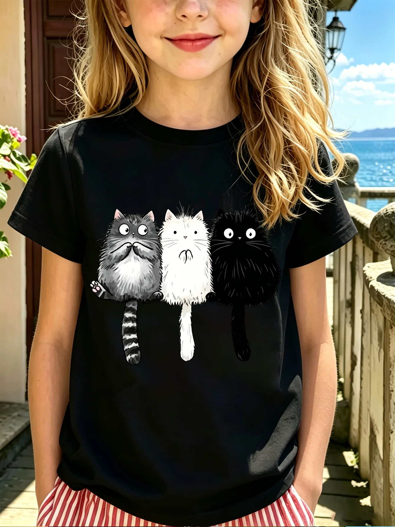 Boys Girls Family Matching Tee Lovely Three Fluffy Cat Illustration Art Print Short Sleeve Soft Cotton Kids Daily Outdoor Outfit