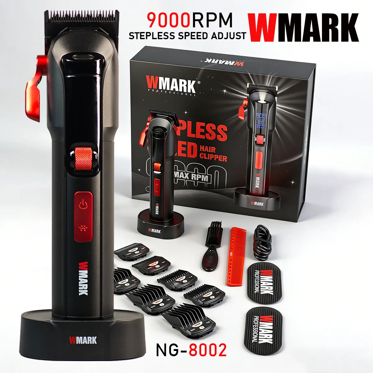 

Профессиональная электрическая машинка для стрижки волос WMARK NG 8002, 9000 об/мин, с бесступенчатой регулировкой скорости, магнитными насадками, зарядной базой, триммер для парикмахеров