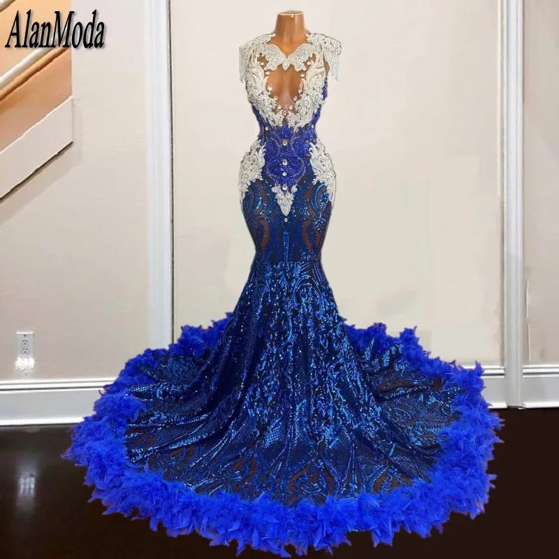 Blue Feathers Prom Dresses 2024 Beading Sequin Tassel Mermaid Evening Gowns Black Girls Party Dress Robes De Soirée