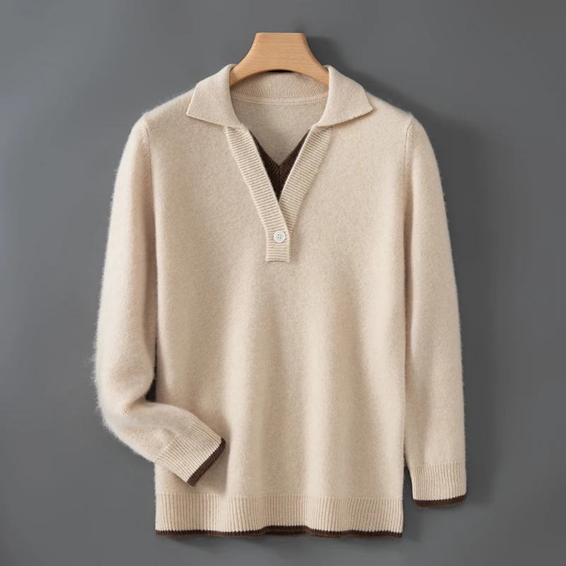 MVLYFLRT Men's Autumn Winter 100% Merino Wool Lapel Knitted Pullover Sweater Casual Color Block Thickened Fake Two-Piece Style