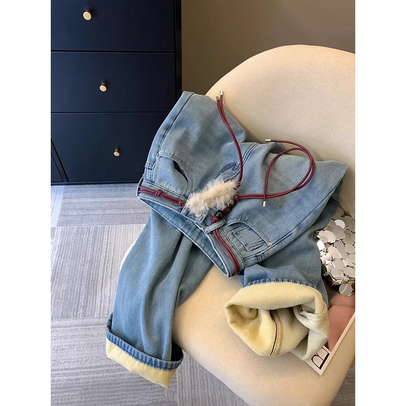 Light Blue Women's Jeans Winter New Korean Style Plush Warm Straight Leg Pants Casual Zipper High Waist Slim-looking Trousers