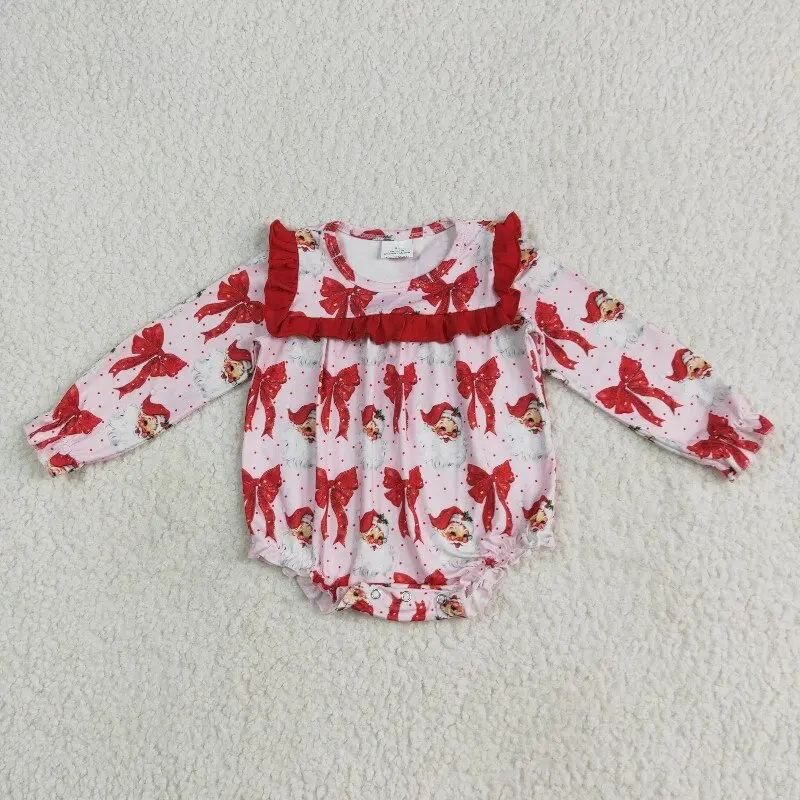 

8.14y Baby Girls Christmas Romper Santa Claus Red Bow Pattern Lace Long Sleeve Onesie for Boutique Wholesale