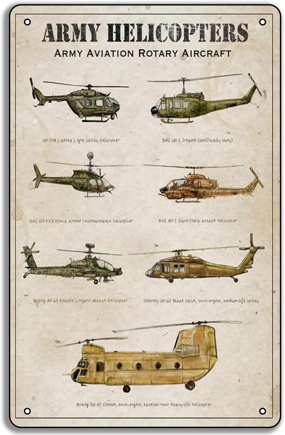 Army Aviation Helicopters Archival Print  Metal Tin Sign – Rotary Aircraft Military Art for Aviation Lovers