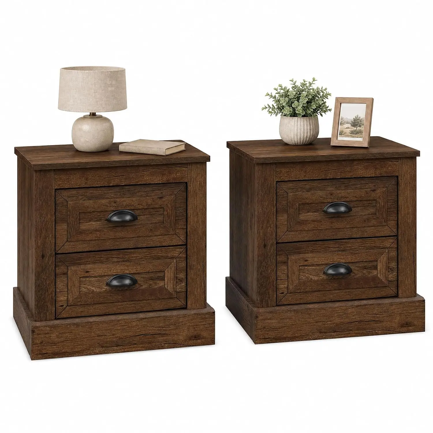 Farmhouse Nightstand W/ 2 Drawers, Brown Set Of 2, Bedroom Side Table, Customized