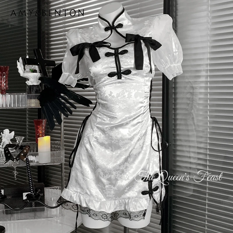 

New Chinese Style Cheongsam Women's Clothing 2025 Autumn Slimming Lace-up Sexy Hollow Out Sweet Cool Bow Lolita Dresses Ladies