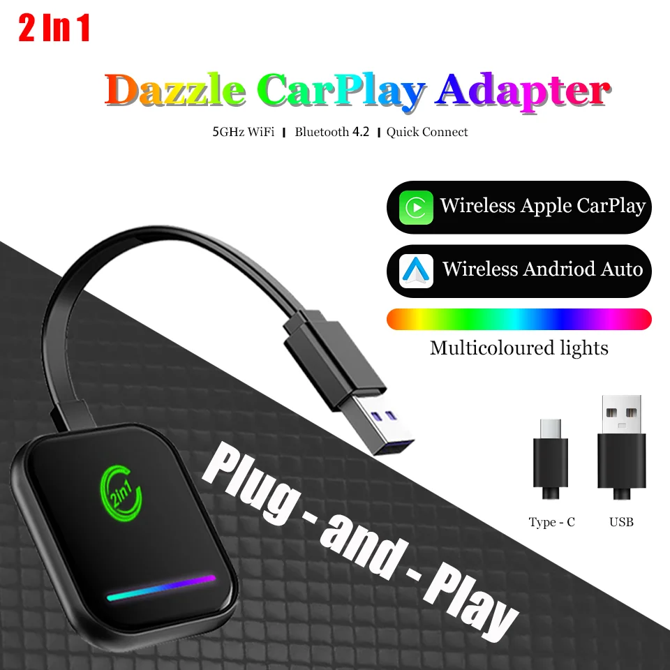 

New LED Wireless 2in1 Adapter Android Auto and Apple CarPlay Smart Plug and Play Bluetooth 4.2 WiFi 5.0 USB Type-c Connectivity