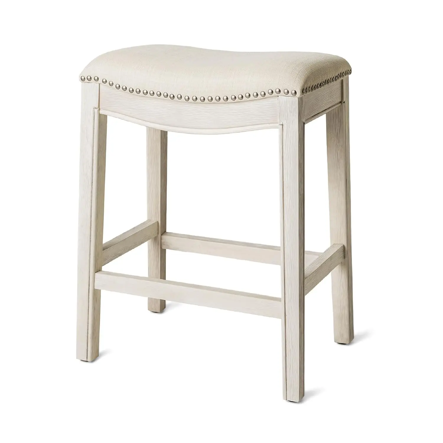 Backless Counter Stool – 26 Inches – Saddle Stool With Footrest – Cream Solid Wood Frame & Natural Fabric Upholstery