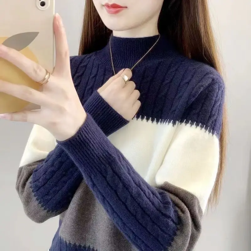 Autumn and Winter Women\'s Spliced Stripe Contrast Half High Collar Long Sleeve Sweaters Jumpers Fashion Casual Korean Tops