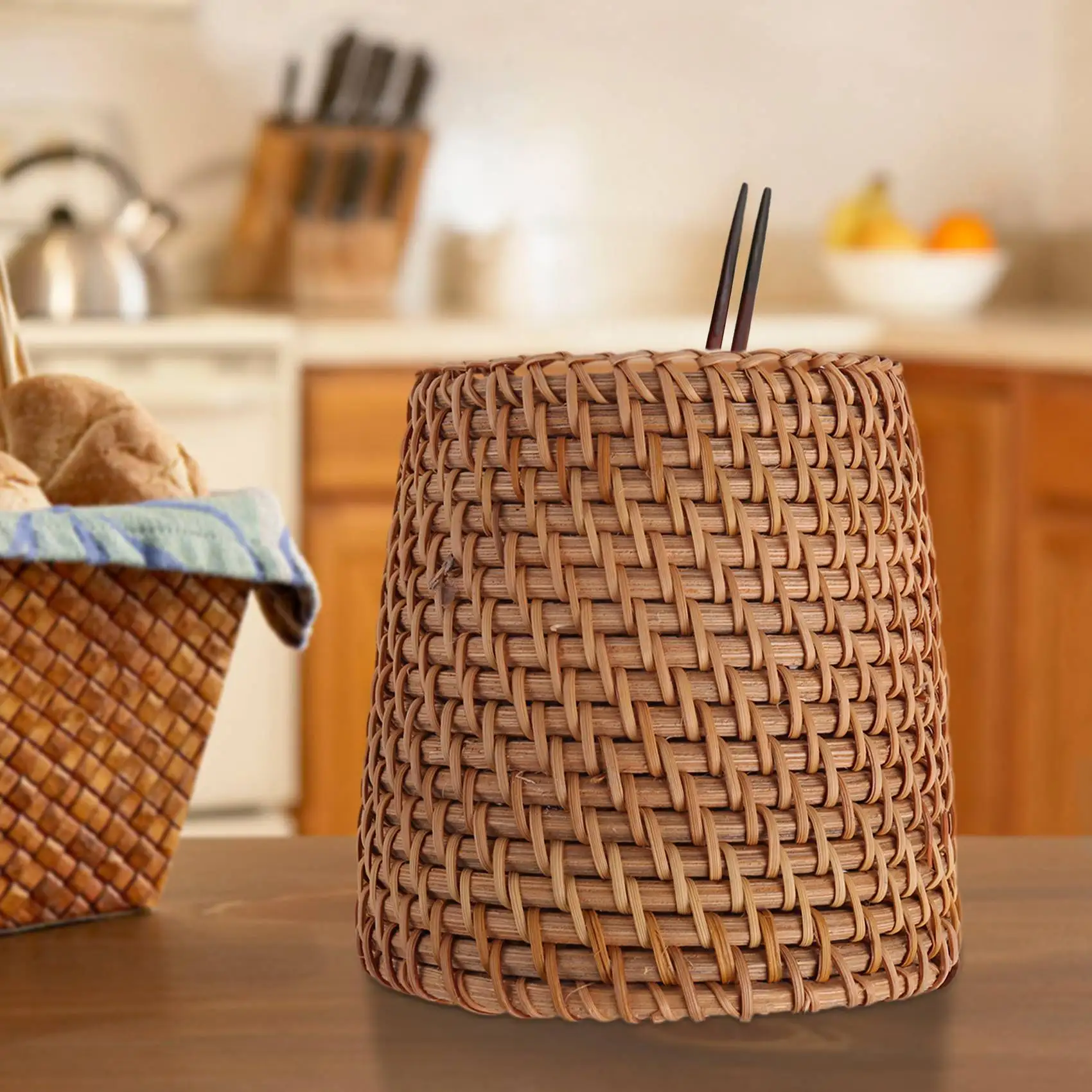 Rattan Chopsticks Tube Shovel Spoons Bucket Dinner Knives Forks Tableware Storage Box Home Storage Baskets Organizer B