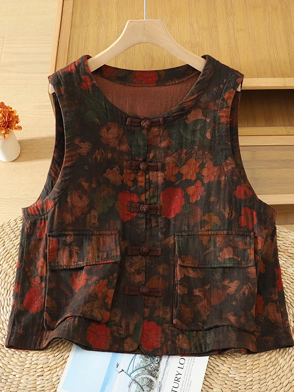 Vintage Ethnic Style Women's Vest Double Sand Cotton Slimming Buttoning Remade Chinese Style Warmth Printed Loose Fit