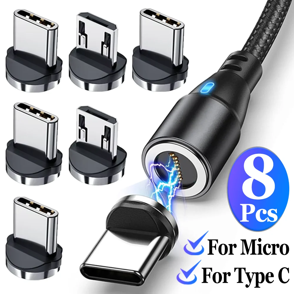 8-1Pcs 360 Degree Rotation Magnetic Tips Adapters for Type C/Micro Mobile Phone Converter Charging Cable Replacement Adapter Tip