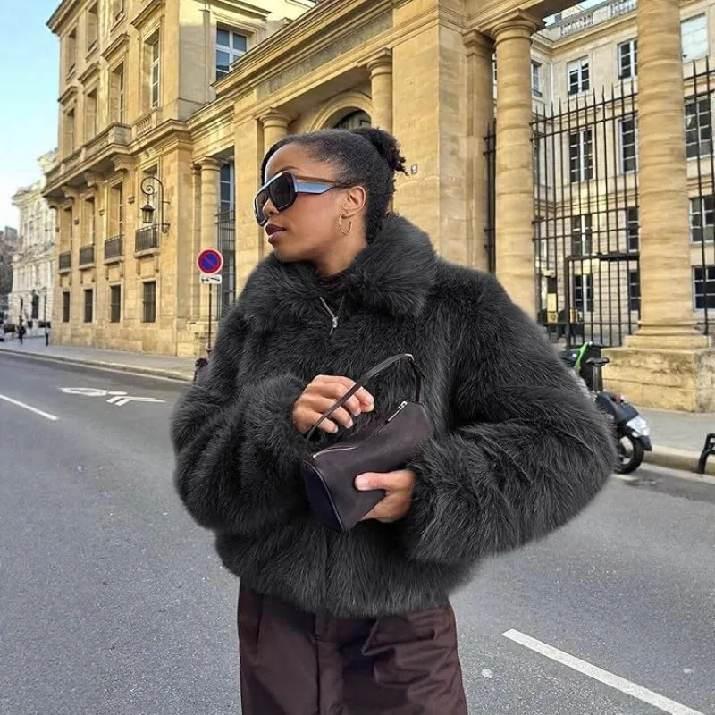 

Куртка из искусственного меха в европейском и американском стиле, стильная куртка на молнии с небольшими лацканами, повседневная короткая стильная женская одежда