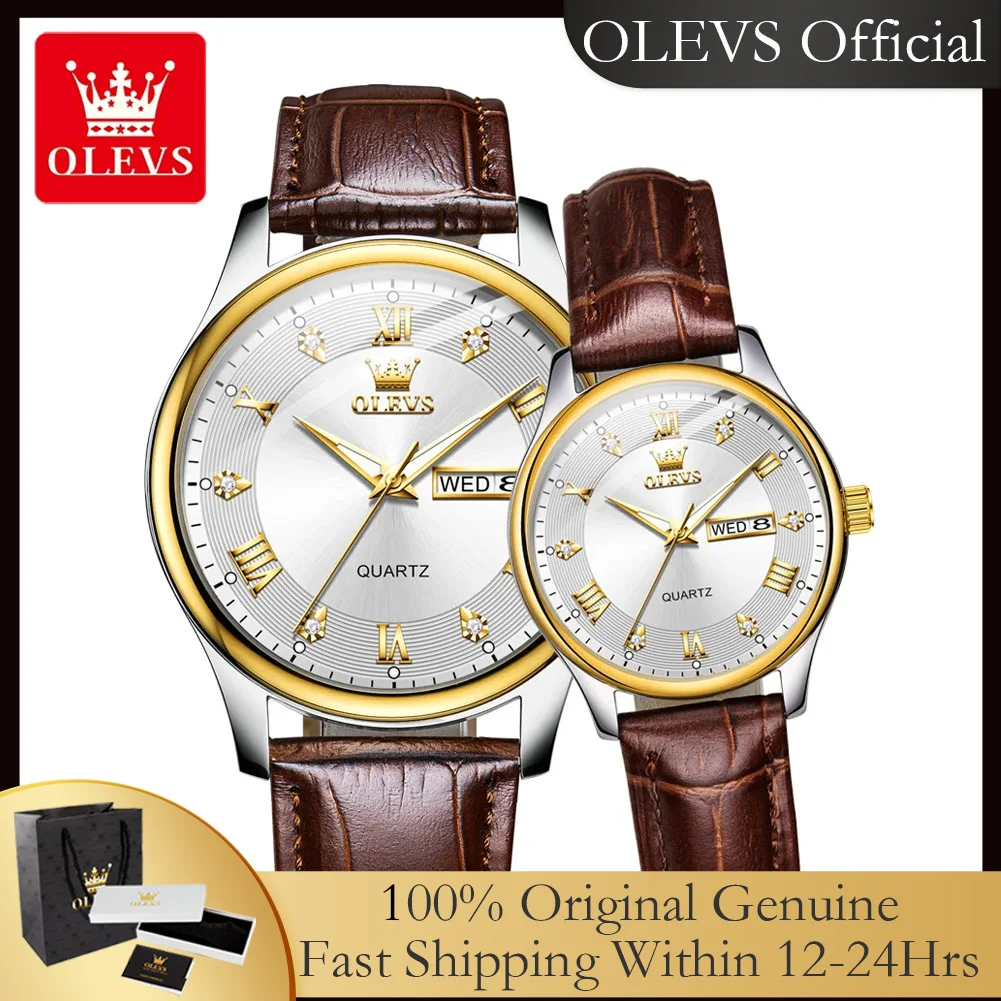 OLEVS 3649, оригинальные кварцевые часы для мужчин и женщин, модный кожаный ремешок с бриллиантами, римская шкала, простой двойной календарь, наручные часы для пар OLEVS 3649, оригинальные кварцевые часы для мужчин и женщин, модный кожаный ремешок с бриллиантами, римская шкала, простой двойной календарь, наручные часы для пар