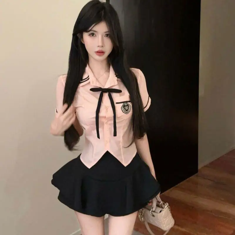 Slim Fit Shirt And High Waist Puffy Short Skirt Two Piece Set College Style Uniform for Small Girls Short Sleeve Breathable