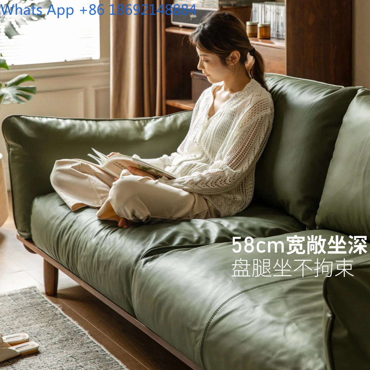 أريكة من خشب الجوز الصلب لغرفة المعيشة الصغيرة، أريكة بمقعدين من الجلد الطبيعي على الطراز الصيني الحديث