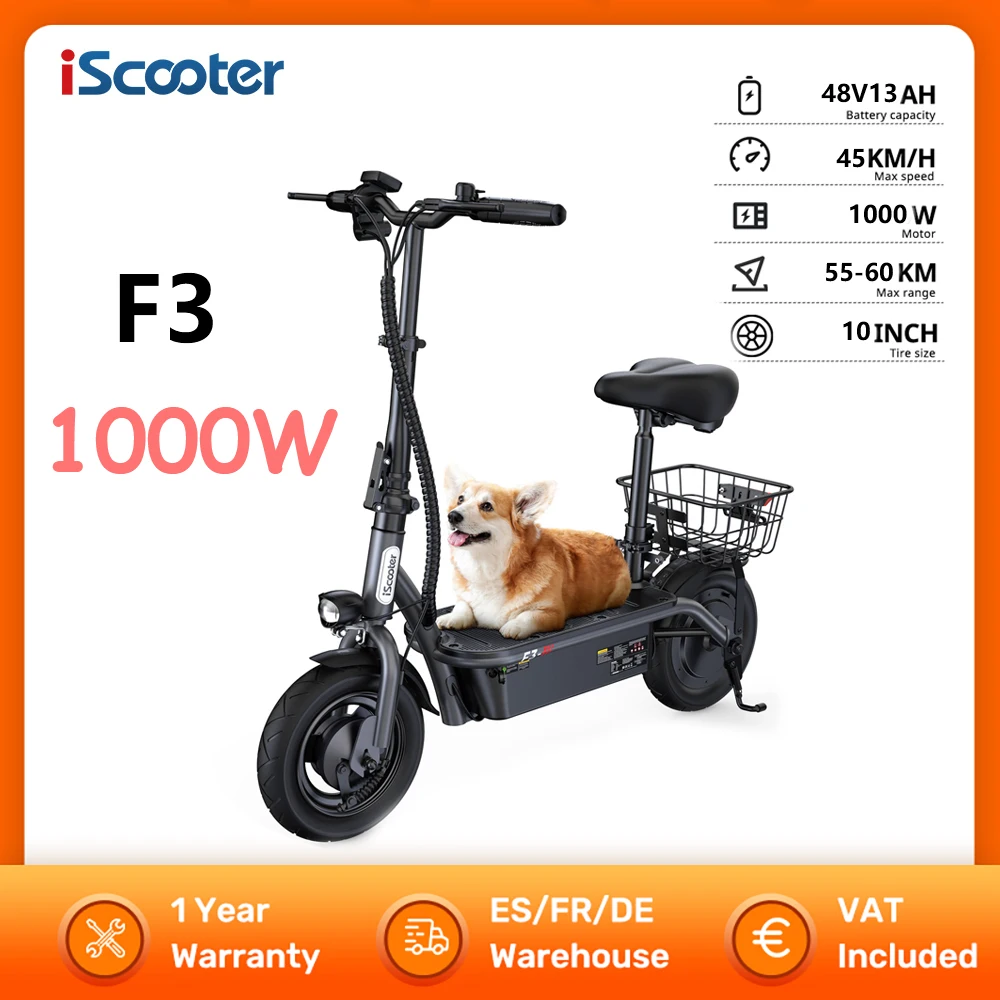 iScooter F3 Electric Scooter 1000W Powerful EScooter Battery Capacity 48V13Ah 10Inch Tire 45KM/H Speed 55-60km Range E-Scooter