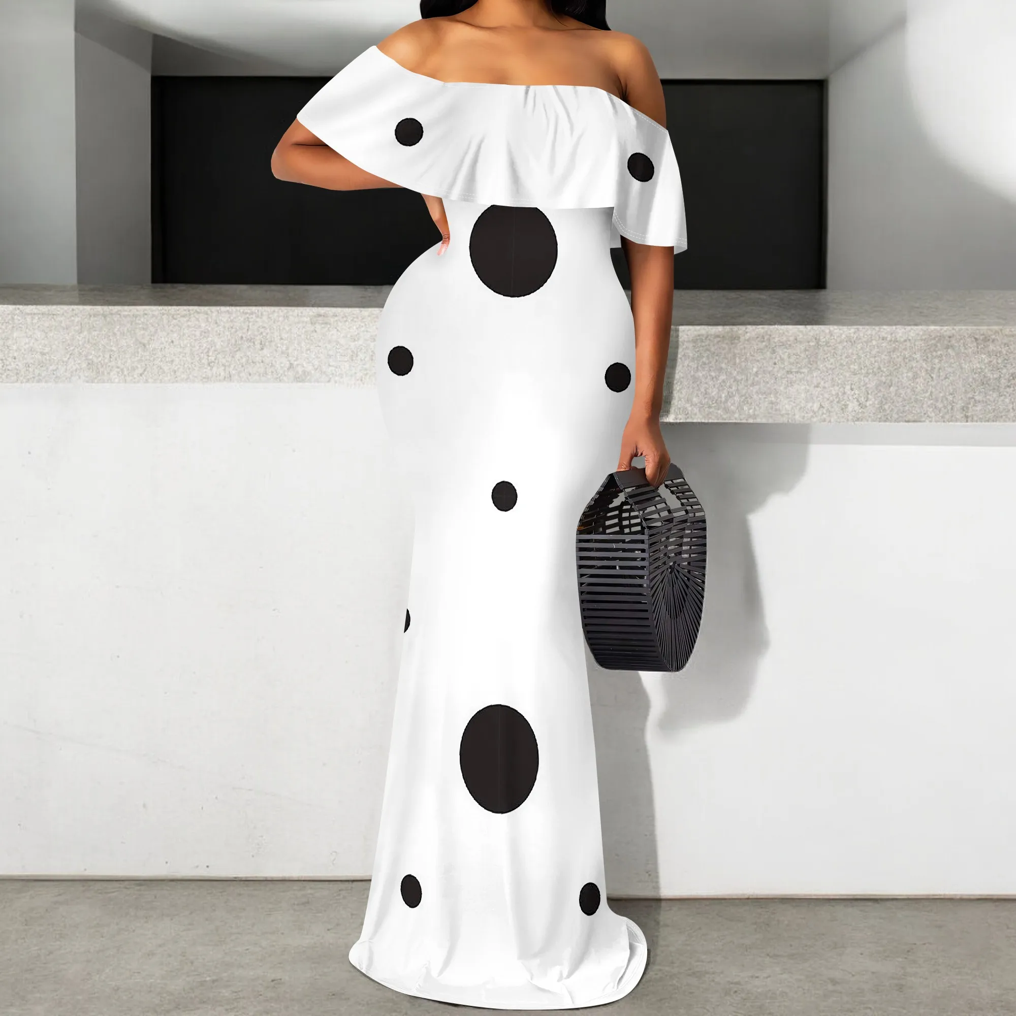 

Polka Dot Off Shoulder Maxi Dress S-3XL Elegant Mermaid Fit Retro Long Dress for Women Church, Brunch or Celebration Look