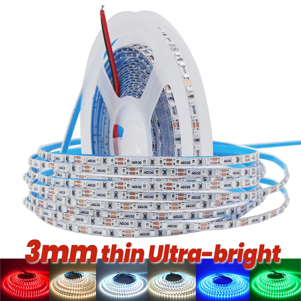Striscia LED PCB 12V 3MM Ultra sottile SMD 2015 180Led/m nastro LED flessibile Super luminoso 8 colori 3m 5m DC12V decorazione della casa
