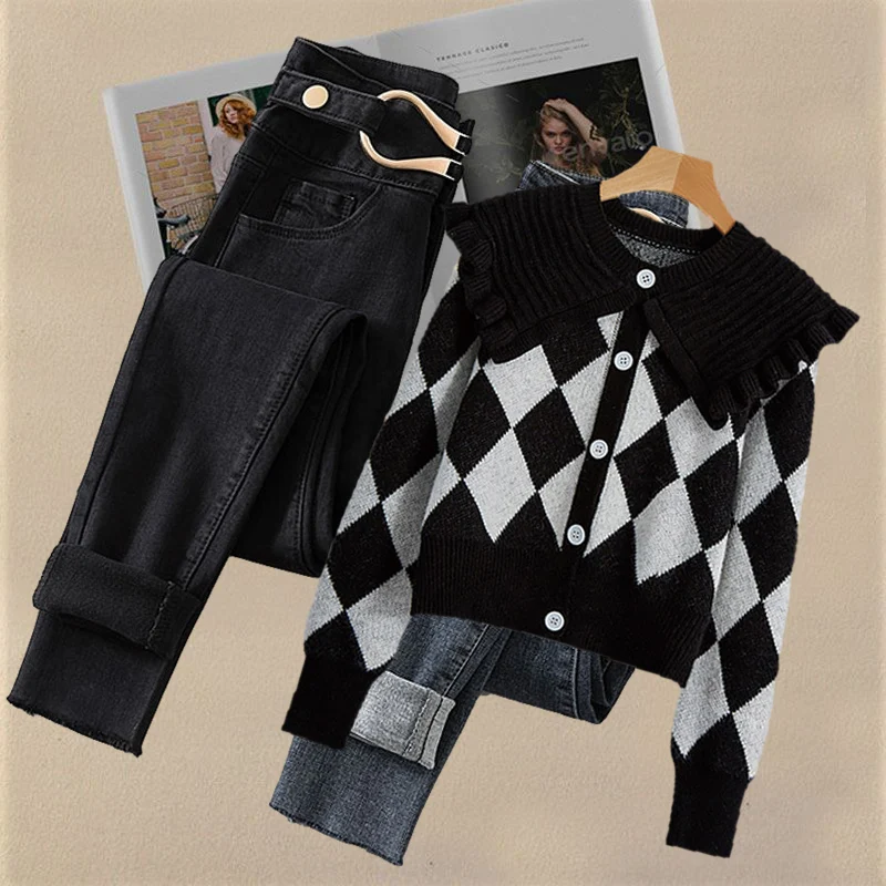 프리미엄 니트 스웨터 여성용 하이웨이스트 슬림 데님 진 돌칼라 니트웨어 가을 겨울 신상 슬레 컬리지 패션