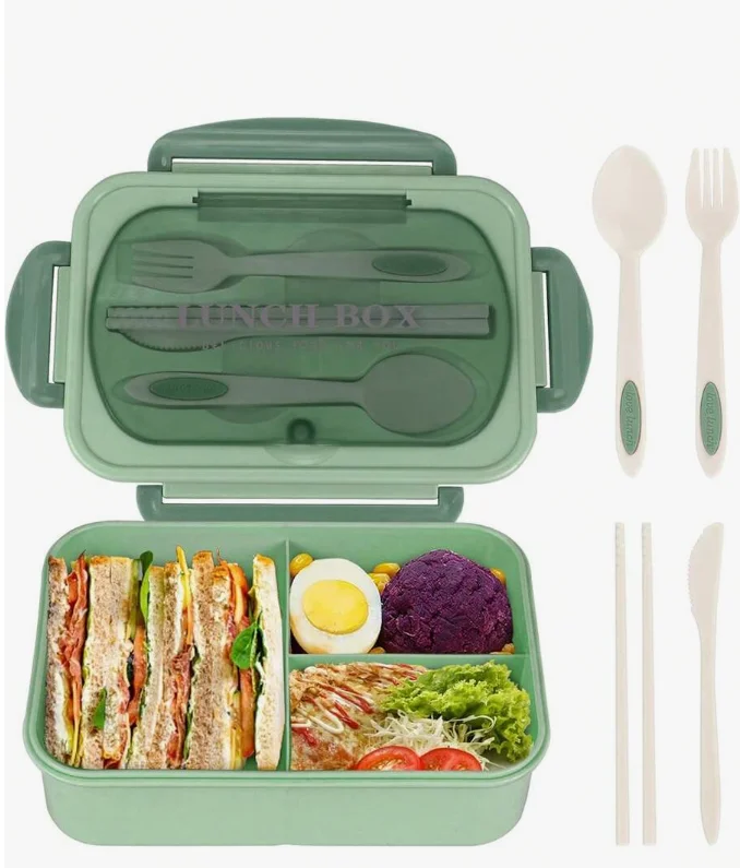 Bento-Box für Erwachsene, 3 Fächer, kann nicht in der Mikrowelle oder im Geschirrspüler verwendet werden (mit Messer, Gabel, Löffel und Stäbchen)