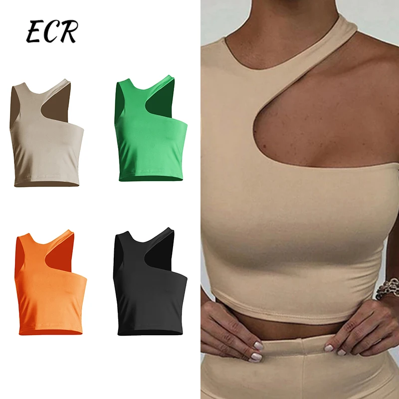 ECR Sexy Hollow Out Slimming Tank Tops For Women Diagonal Collar Sleeveless Minimalist Casual Pullover Vests Female Fashion New