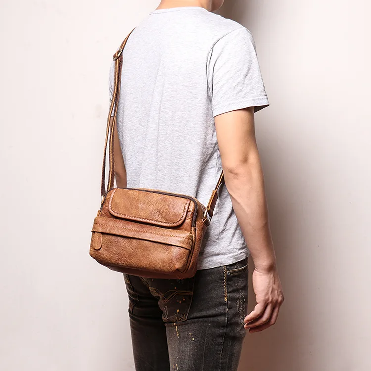 

Мужская сумка через плечо из натуральной кожи, винтажная повседневная сумка на молнии с клапаном для телефона, простая сумка-мессенджер из кожи Crazy Horse в стиле ретро