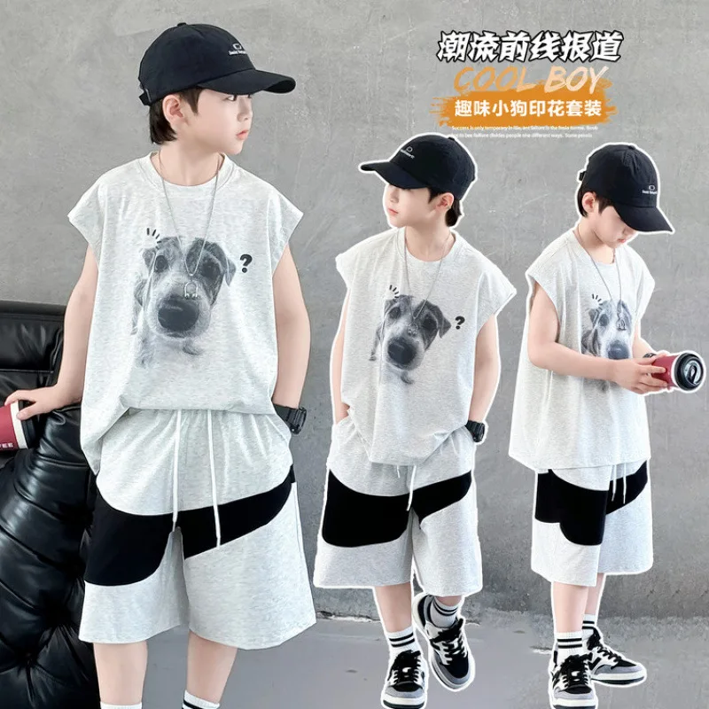 Boys' summer sleeveless vest set for children aged 4-14, thin summer sportswear with puppy print, fashionable and handsome