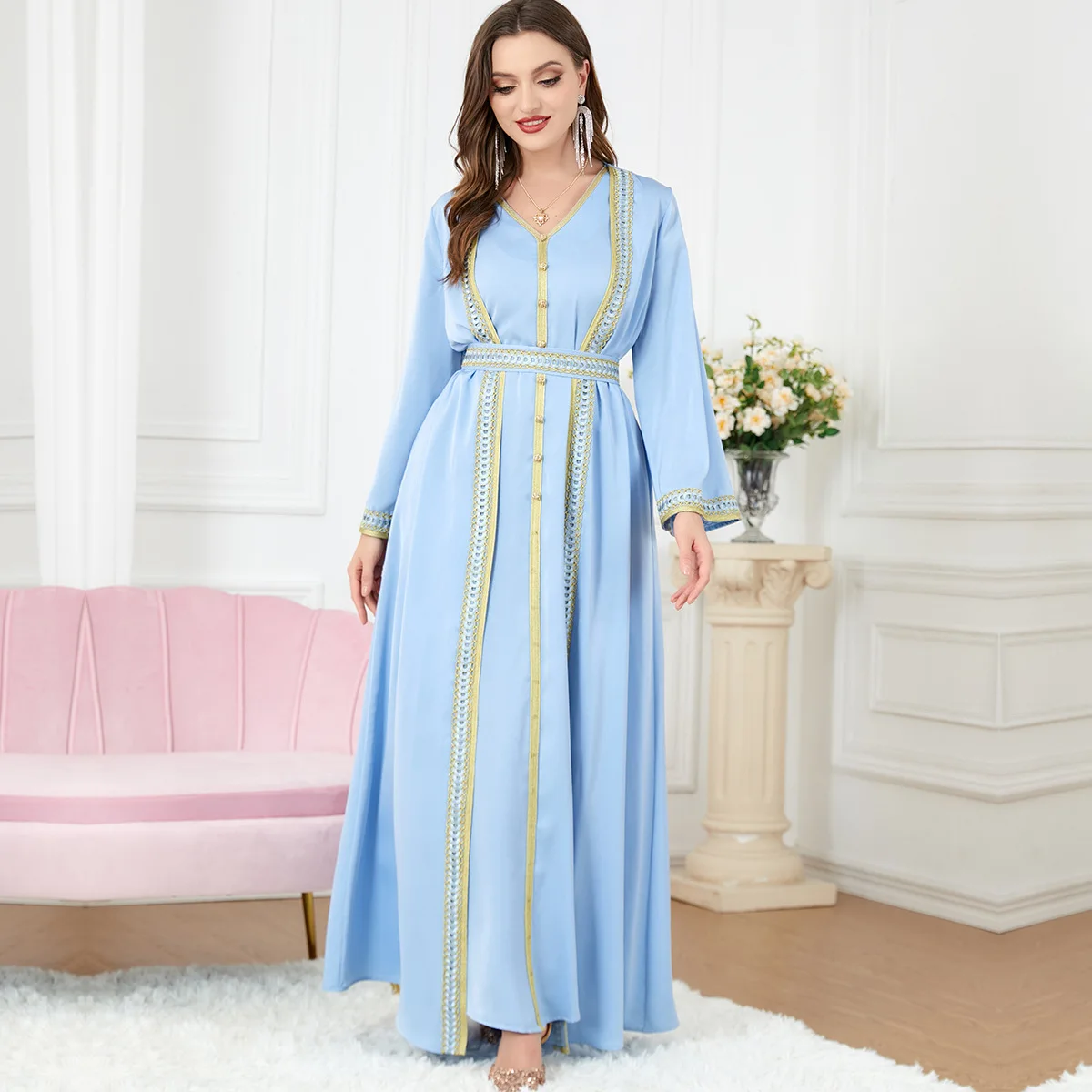 Eid Ramadan Morocco Muslim Women Dress Abaya 2 Piece Set Kaftan V-Neck Maxi Long Sleeve Arabic Turkey Dubai Luxury Evening Robe