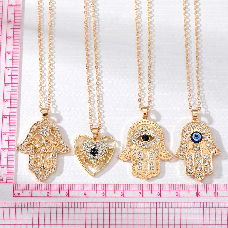 Hollow Zircon Heart Evil Eye Hand Hamsa Necklace Women Bling Lucky Blue Eye Fatima Hand Sweater Clavicle Chian Wedding Jewelry