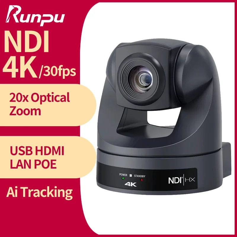Runpu 4K/30fps Conference Camera PTZ Video 20X Zoom Ai Tracking Ptz NDI Camera USB HDMI LAN POE For Educate Live Business Meetin