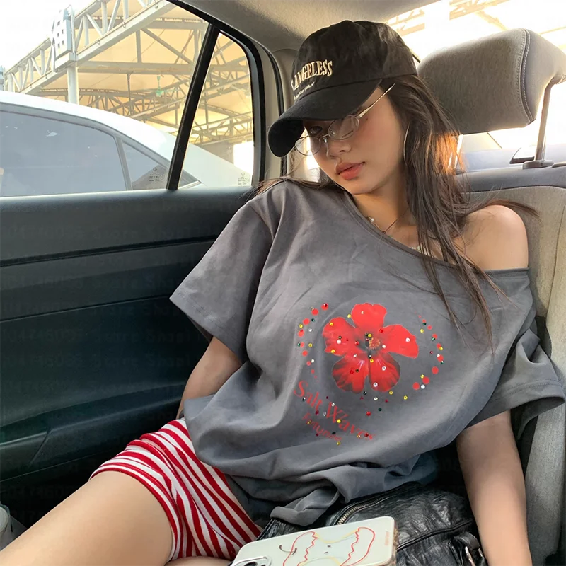 

Y2k Women's tops Aesthetic Casual Off Shoulder T-shirt Loose Letter Printing Harajuku Tshirts Grunge Vintage Streetwear T-shirt