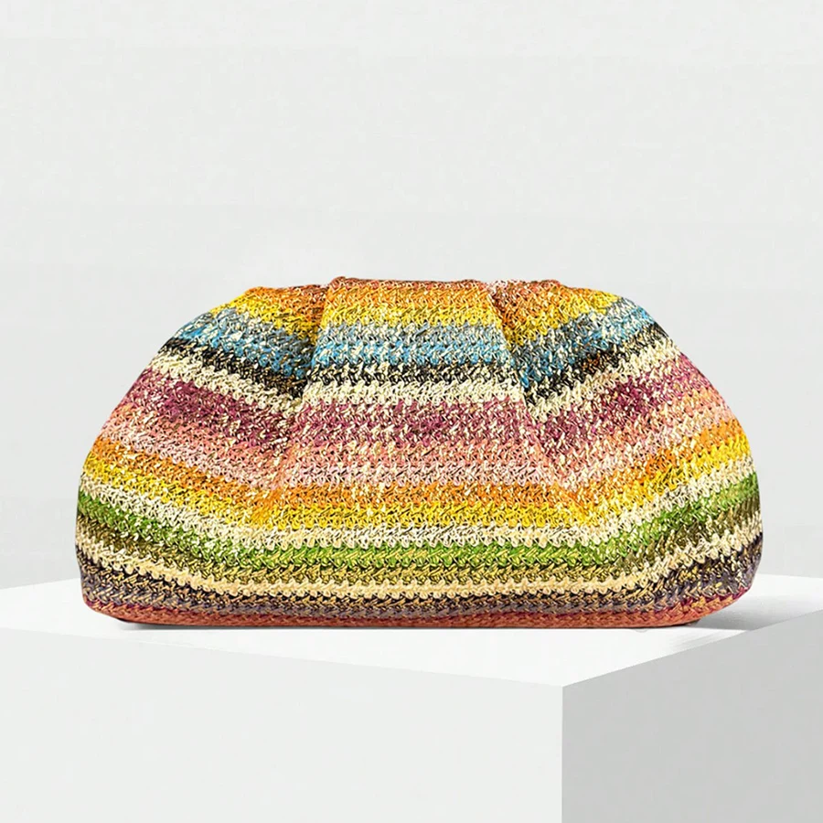 

2026 Summer New Rainbow Mixed Color Stripe Knitted Woven Handbags Women Causal Weaving Purse Seaside Vacation Travel Beach Bags