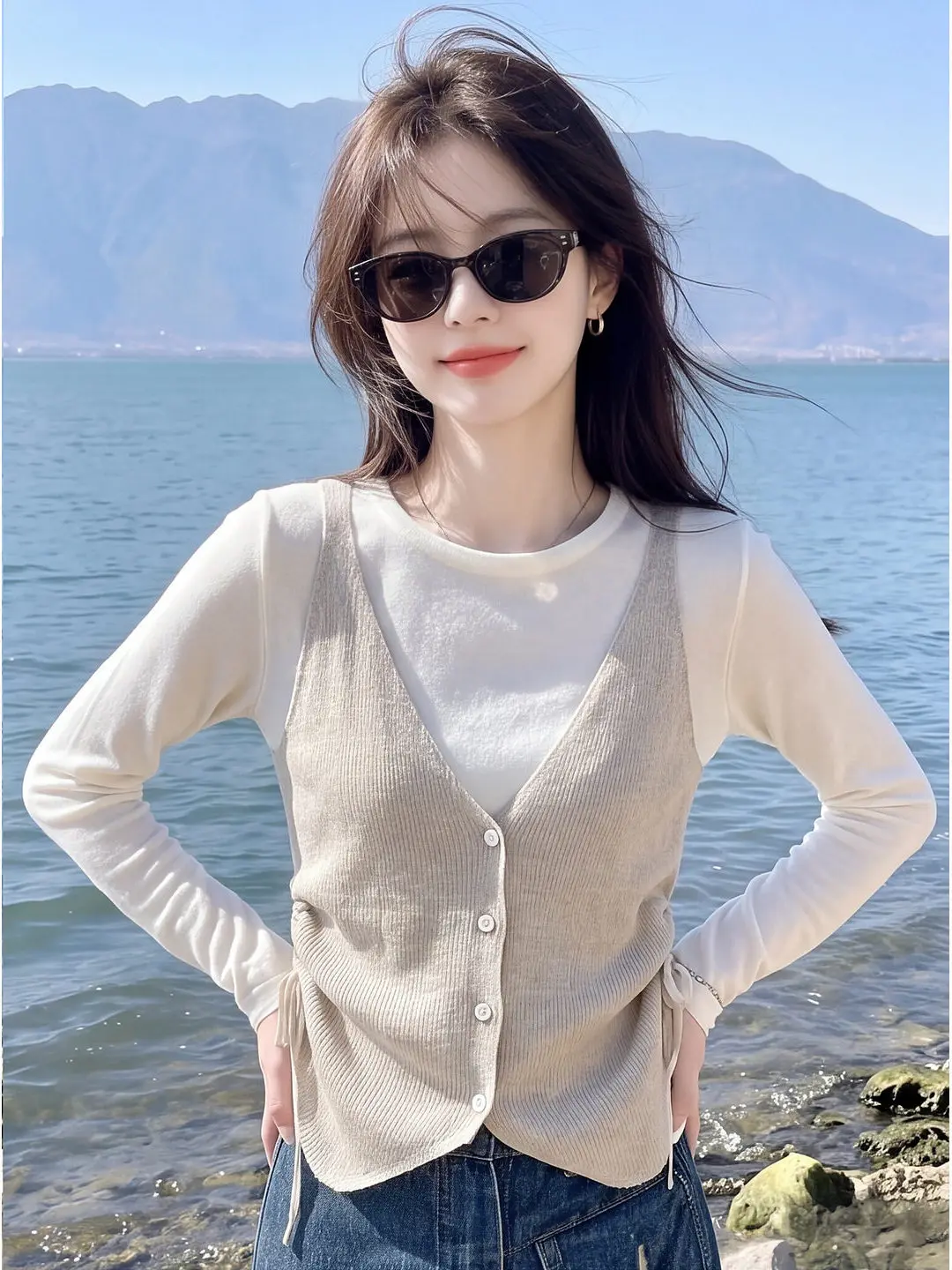 Casual Long Sleeve round Neck T-Shirt Women's Autumn Belted Design Sensation Loose Girl Style Top Skin-friendly Breathable