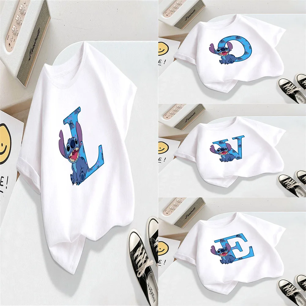 Disney Collection Stitch Children's T-shirt A-Z Lucky Letter t shirt Summer Kawaii Casual Short-sleeved Top O-neck Cute Clothes