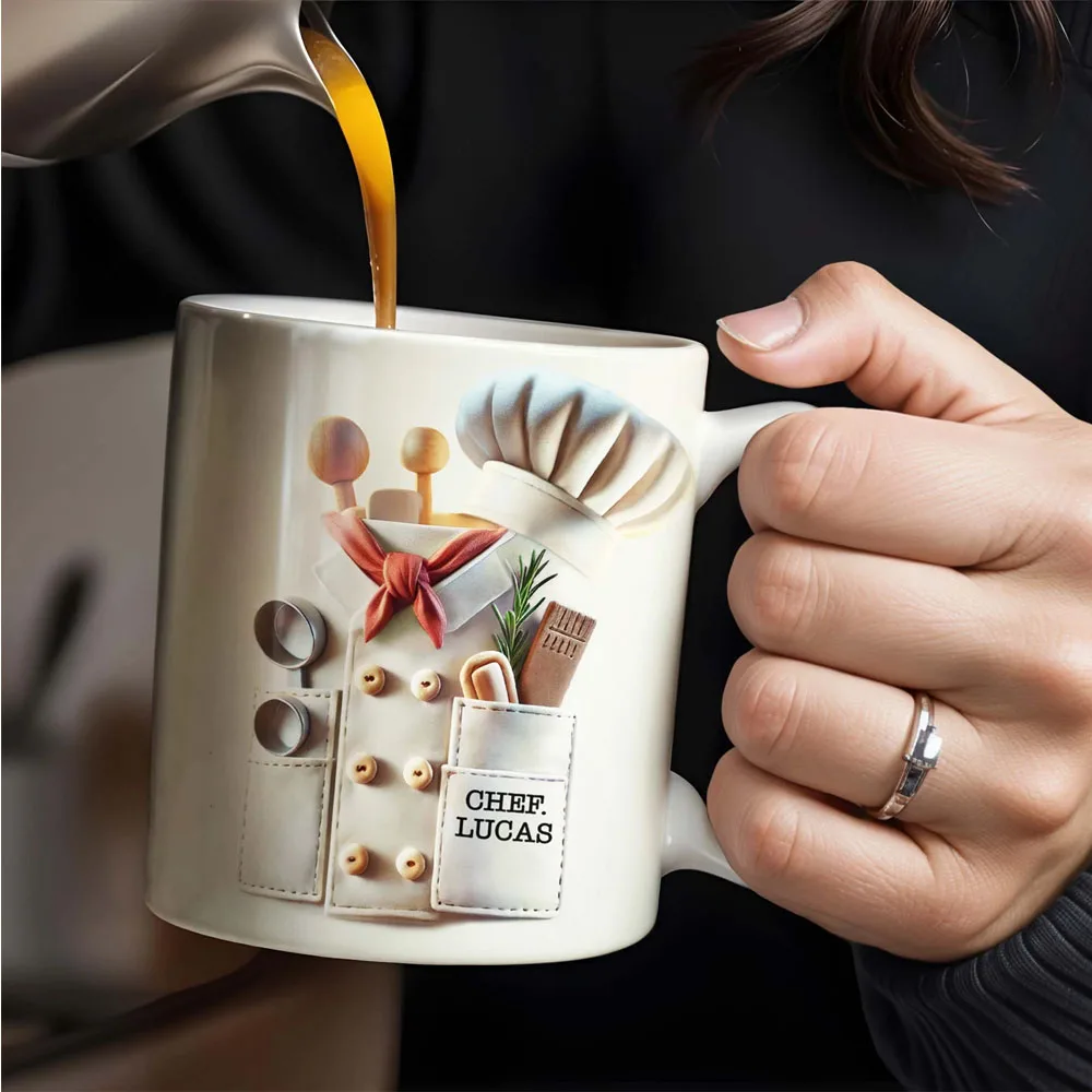 Personalized Chef Theme Ceramic Mugs - Customizable Name Addition Kitchen Style Coffee Or Tea Cups for Home