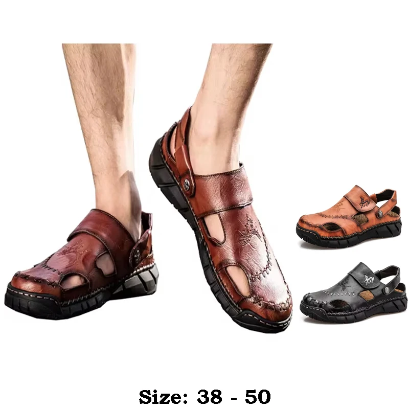 

Мужские сандалии на плоской подошве из высококачественной кожи с круглым носком новинка лета 2025 размер 49 50 повседневная обувь для прогулок на открытом воздухе обувь большого размера черный коричневый
