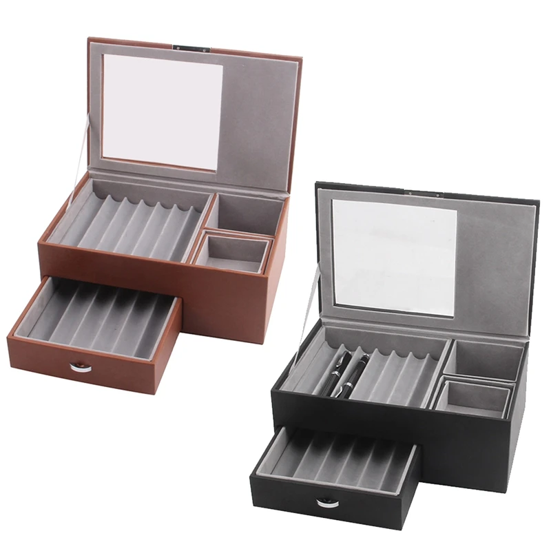 13 Grid Wooden Pen Display Storage Box Luxury 2 Layer PU Pen Case Transparent Window Stationery Case Pen-Collection