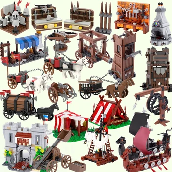 MOC-bloques de construcción militares medievales, accesorios de figuras de soldados, tienda de hoguera, transporte, caballo de guerra, arma, juguete de ladrillos