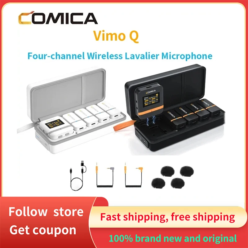 

Comica VimoQ Four-channel Mini Portable Wireless Lavalier Microphone With Charging Case for Camera Smartphone PC Black White Kit