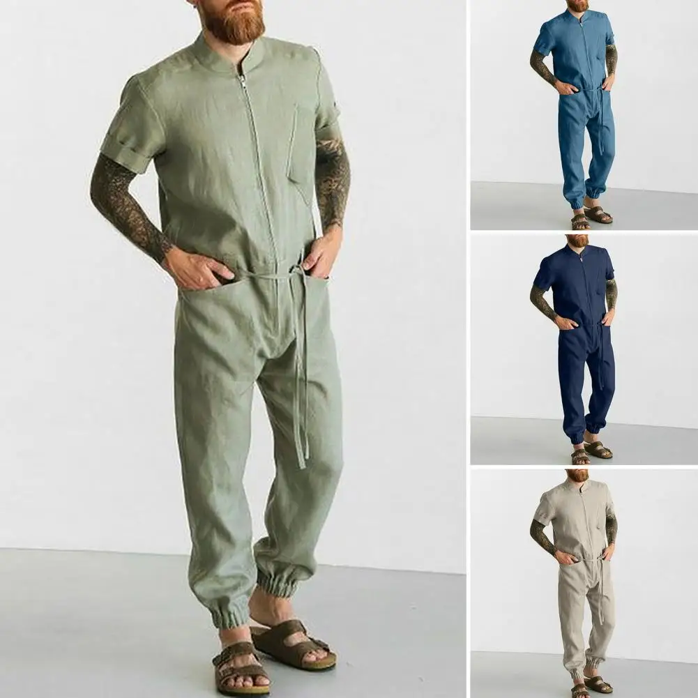 Men Jumpsuit Solid Color Short Sleeves Patch Pocket Zipper Fly Stand Collar Summer Romper One-piece Casual Overalls Trousers