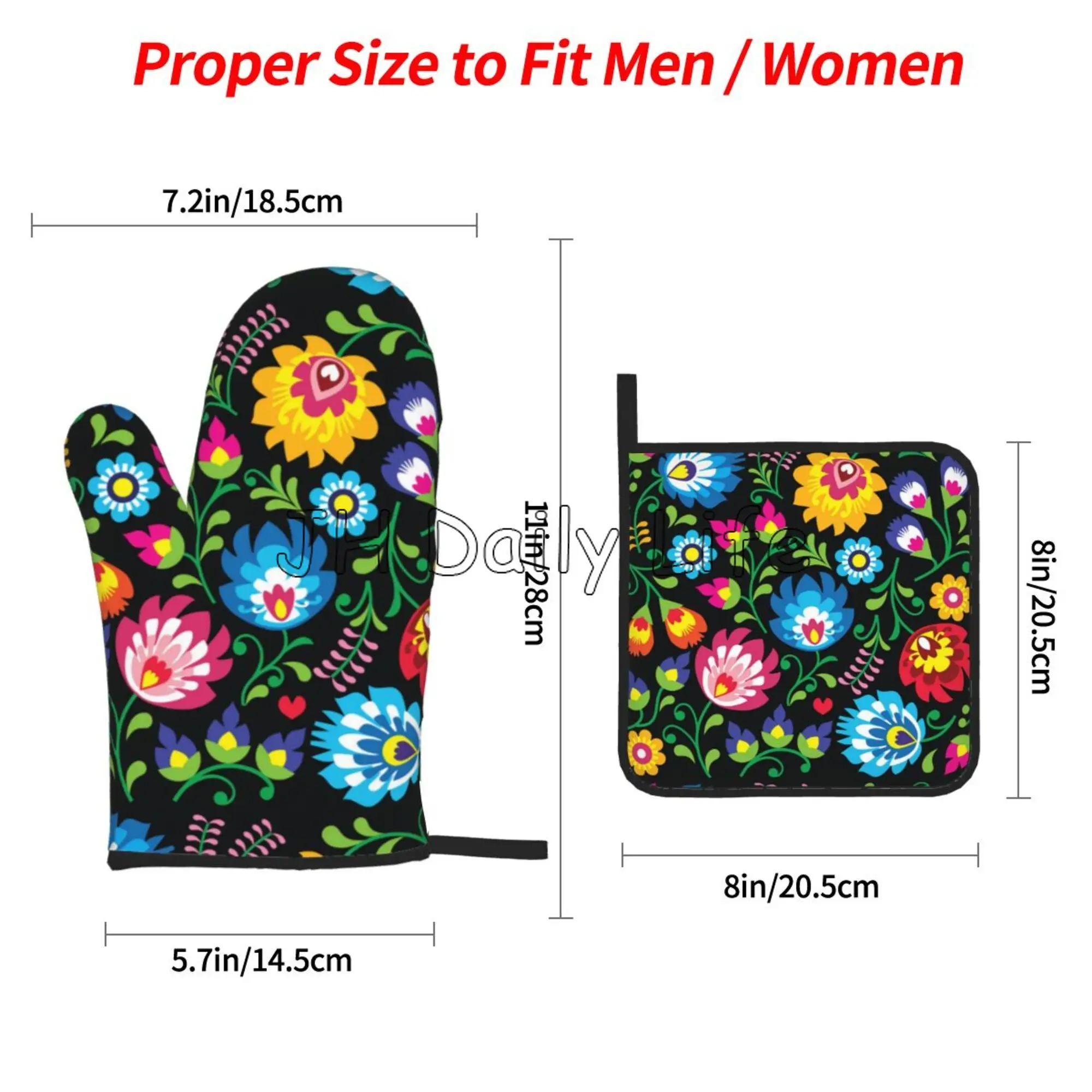 Poland Polish Flowers Floral Folk Art Oven Mitts and Pot Holders Sets of 4 Heat Resistant Kitchen Gloves for Cooking Baking BBQ