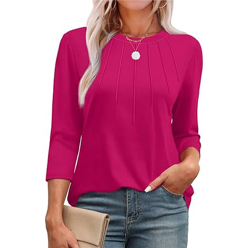 

AG-3/4 Length Sleeve Womens Tops Round Neck Casual Tunic Tops Basic Pleated Shirts Loose Fit 2025