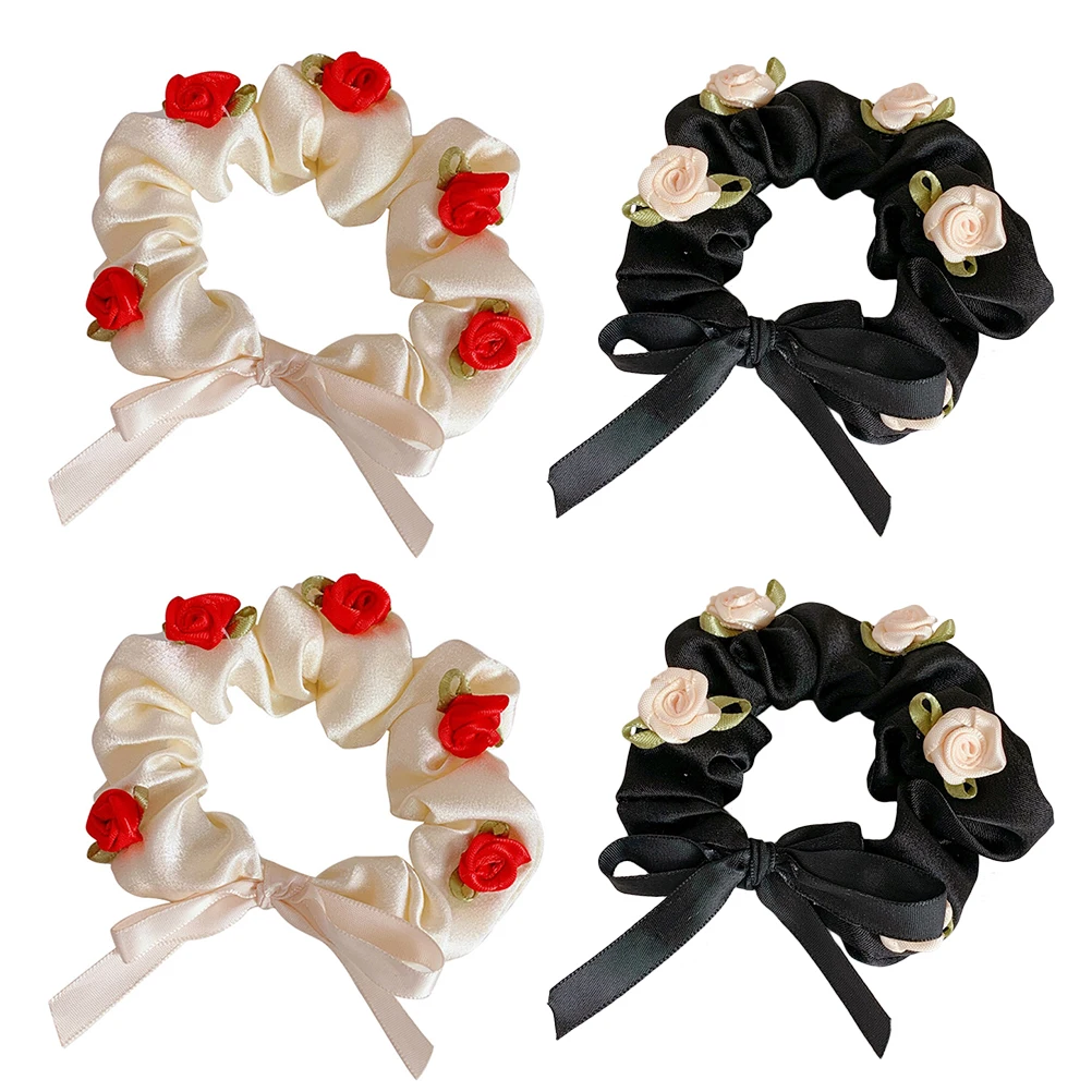

4pcs Satin Silk Flower Hair Ring for Women Girls Ponytail Holder Comfortable Daily Wear Hairstyle Accessory Fix Loose Hair