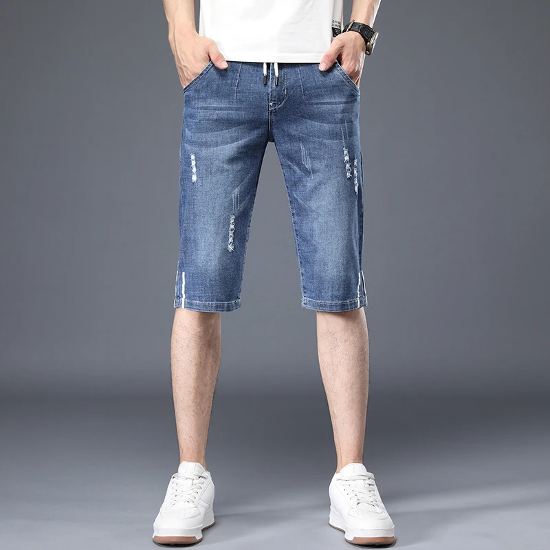 

Men's Shorts Jeans Stretch Blue Black Men's Cropped Trousers Slim Fit Jeans for Boys Students Striped Male Denim Shorts Pants