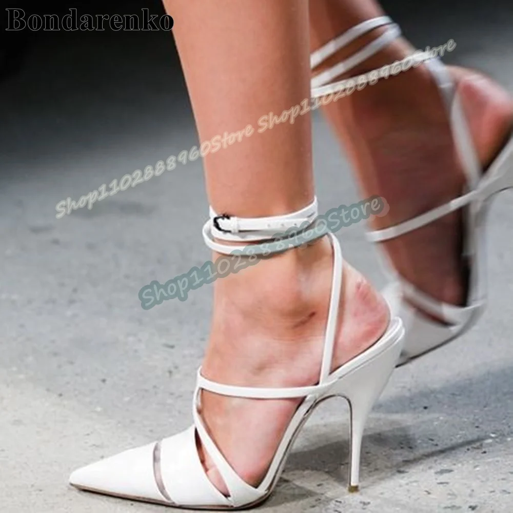 

White Leather Pointy Narrow Strip Sandals Thin High Heel Shoes For Women Buckle Strap Pointed Toe Catwalk Party Women Sandals