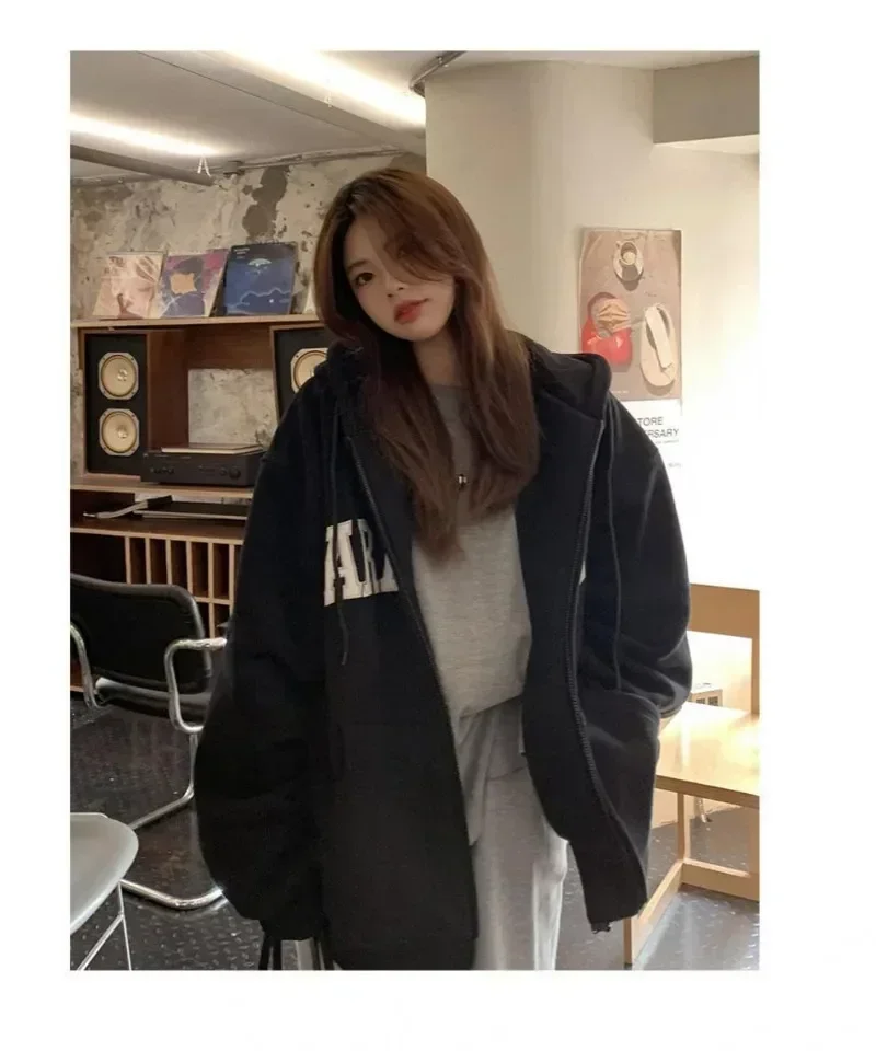 Hip Hop Zip Up Hoodies Women Harajuku Vintage Oversized Sweatshirts Loose Casual All-match Letter Print Y2k Tops Korean Fashion