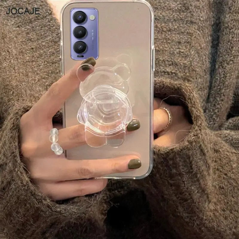 3D Cartoon Crystal Bear stand Phone Case For TECNO Camon 18 17 P CC6 transparent soft back cover For Camon 16 15 Premier POP 5 4